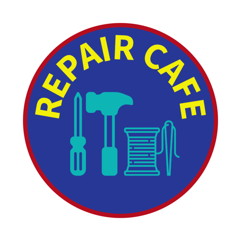 Repair Cafe logo, circle with text reading "repair cafe" and an illustration of screwdriver, hammer and needle and thread.