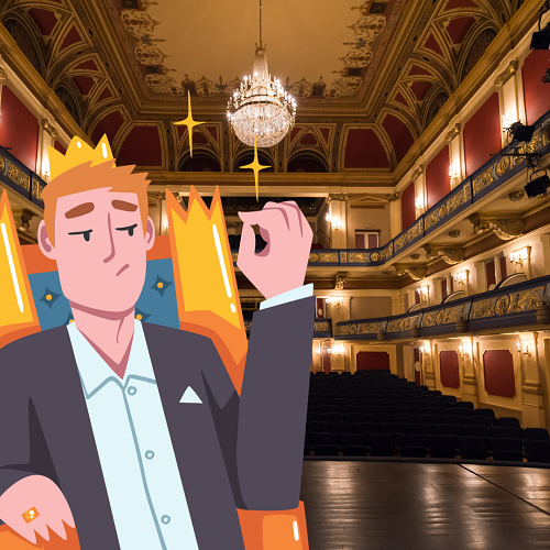 cartoon man wearing crown sitting on thrown in theatre