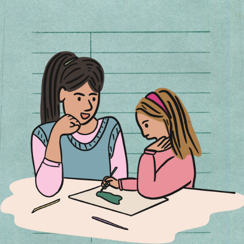 Tutor and child writing and discussing