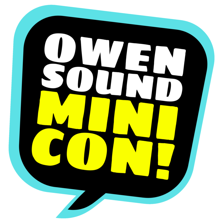 OSMiCon logo, speech bubble with text reading "Owen Sound Mini Con!"